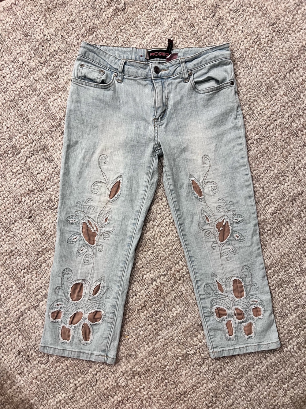 Light Blue Embroidered Crop Jeans with Brown Patch Details